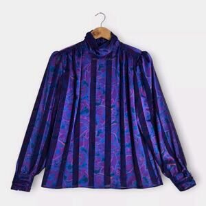 VTG Stuart Lang Blouse Sz 14 Purple Geo Print High Neck Long Sleeve Secretary